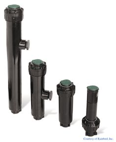 three different types of water filtrators are shown in this image, one is black and the other is green