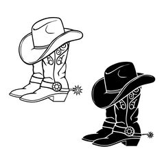 a cowboy hat and boots are shown in this black and white drawing, which is part of a coloring page