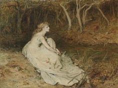 a painting of a woman sitting in the woods