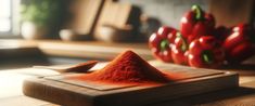 a wooden cutting board topped with red chili powder next to a pile of peppers on a table