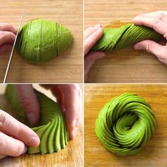 four pictures showing how to cut an apple into spirals and then fold them together