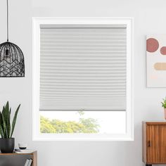 a living room with white walls and a window covered in cellular shades on the windowsill