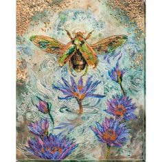 a painting with purple flowers and a bee on it