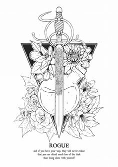 a black and white drawing of a dagger surrounded by flowers