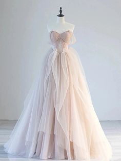 A-Line Off Shoulder Tulle Lace Champagne Pink Long Prom Dress, Lace Long Formal Dress Pink Tulle Evening Dress, Pink Long Prom Dress, Champagne Formal Dresses, Off Shoulder Tulle, Gaun Abad Pertengahan, Lace Long Prom Dress, Prom Dress Lace, Prom Dresses Long Pink, Ruffle Beading