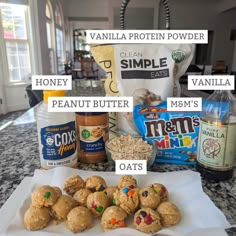 the ingredients for peanut butter cookies are displayed on a counter