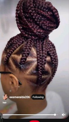 Jumbo Knotless Box Braids In A Bun, Red Bun Hairstyles For Black Women, Braid Designs For Women, Dark Burgundy Braids, Quick Braid Styles Black Hair Women, Hair Braiding Styles Black Women, Black And Burgundy Braids, Burgundy Cornrows, Braided Up Do For Black Women