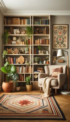 a living room filled with lots of furniture and bookshelves covered in plants next to a rug