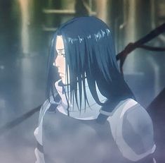 an anime character with long black hair and blue eyes standing in front of a foggy background