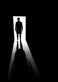 the shadow of a man in a suit and top hat walking into a dark room