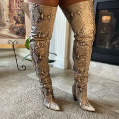 Womens Thigh High Snake Skin Heeled Boots. Very Comfy 4in Heel. Fits Thicker Thighs As Well Snakeskin Thigh High Boots Outfit, Snake Print Boots Outfit, Snakeprint Boots Outfit, Dark Brown Cowboy Boots, Thicker Thighs, Thigh High Boots Outfit, Floral Ankle Boots, Shoes Game, Womens Thigh High Boots