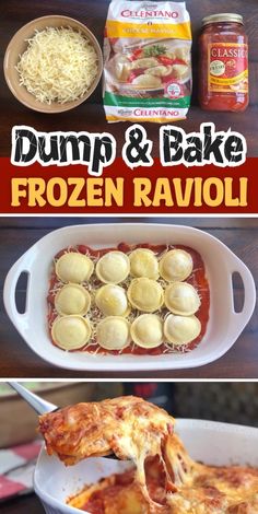 dump and bake frozen ravioli in a casserole dish with text overlay