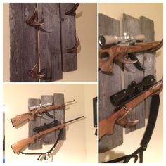 Barnwood and mule deer antler gun rack I made for our kitchen. :)  Coyotes and trespassers beware! Deer Horn Ideas, Deer Antler Ideas, Antler Diy, Hunting Crafts, Deer Antler Crafts, Antler Ideas