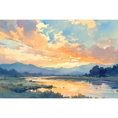 a painting of a sunset over a lake