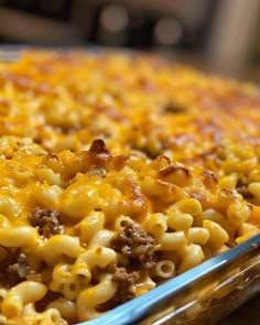 a casserole dish filled with macaroni and cheese