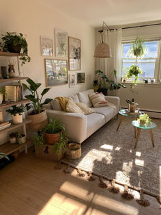 a living room filled with lots of plants next to a white couch and coffee table