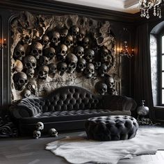 a living room with skulls on the wall