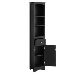 a tall black cabinet with its door open and the bottom shelf opened to reveal an empty drawer