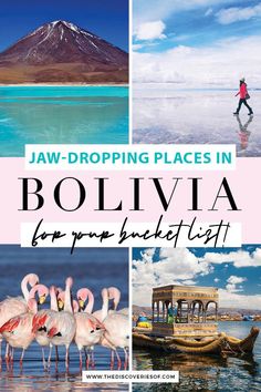 the collage shows different places in bolivia, with flamingos and boats