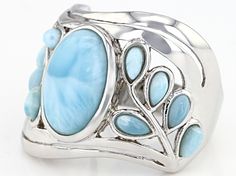 13x9mm oval and 4x2mm pear shape larimar cabochon, rhodium over sterling silver band ring. Measures approximately .88"L x .79"W. Not sizeable. Amethyst Cocktail Ring, Country Jewelry, Silver Ring Designs, Dope Jewelry, Art Nouveau Jewelry, Sterling Silver Rings Bands, Turquoise Rings, Silver Band Ring, Blue Gemstones