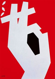 a red and white poster with a hand holding a cross in it's middle