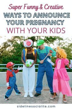 three children and an adult standing in front of a fence with the text super funny & creative ways to announce your pregnancy with your kids