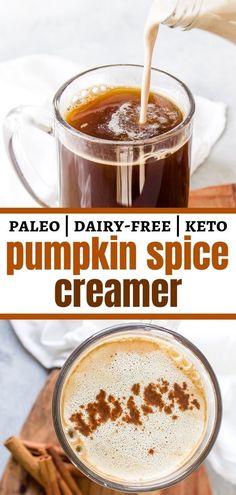 pumpkin spice creamer in a glass mug with cinnamon sticks on the side and text overlay reading pale dairy - free keto pumpkin spice creamer