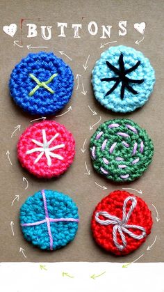 four crocheted buttons with different designs on them and the words buttons written below