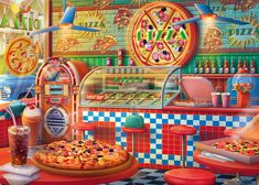 a painting of a pizza and soda machine