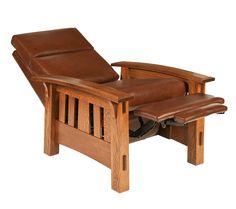 a wooden recliner chair with brown leather cushions