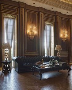 a living room filled with furniture and chandeliers