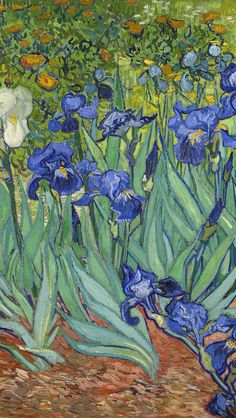 a painting of blue irises in a field with green grass and yellow daisies