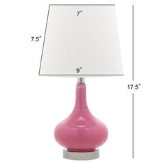 Reflect an aura of sophistication with the glimmering pink Amy Mini Table Lamp with matching finial, metal base and neck. Complemented with an elegantly tapered pure cotton shade that illuminates the room.Specifications Product Category: Kids Table Lamp Product Dimension: 9" W x 9" D x 17.5" H Product Lamp Color: Pink Product Material: Glass Product Metal Finish: Chrome Base Chrome Neck Product Bulb Qty: 1 Light Bulb Base Type: E26 Type of Blub Included: CFL 9W Product SKU: KID4087P Product UPC: Kids Table Lamp, Classic Table Lamp, Light Highlights, Mini Table Lamps, Lamp Color, Kid Rooms, School Room, Mini Table, Girl Bedroom Decor