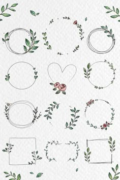 a bunch of green leaves and frames on a white paper with the words love written in it