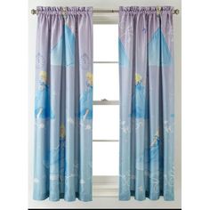 the curtains in this window are blue and have princess images on them, as well as pink trimmings