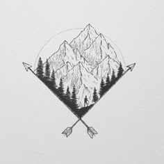 a drawing of mountains and arrows with trees on the side, in black and white