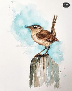 a watercolor painting of a bird sitting on top of a wooden post with blue sky in the background