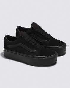 Stackform Vans, Platforms Aesthetic, Old Skool Stackform, Authentic Vans, Jane Clothing, Black Platform Shoes, Vans Logo, Black Shoe, Black Vans