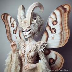 a woman with white makeup and butterfly wings