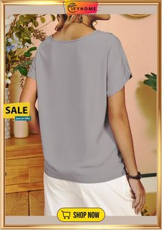 Cotton Floral Short Sleeve V Neck Shirts Blouses Summer V-neck Gray Blouse, Gray Relaxed Fit V-neck Shirt, Plain Non-stretch Summer Tops, Gray Relaxed Fit Tops For Summer, Casual Non-stretch Short Sleeve Shirt, Non-stretch Casual Blouse, Casual Plain Summer Blouse, Casual Summer Plain Blouse, Gray Plain Tops For Summer