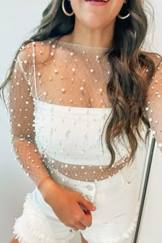 Mesh Beaded Top, Sparkly Bride Bachelorette Outfit, Pearl Overlay Top, Pearl Bachelorette Outfit, Mesh Pearl Top Outfit, Sheer Pearl Top Outfit, Pearl Mesh Top Outfit, Casual Bachelorette Party Outfit