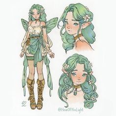 two drawings of a woman with green hair and wings, one is holding a flower in her hand