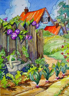 a painting of a garden with purple flowers