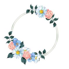 a circular frame with flowers and leaves painted on the side, in pastel colors