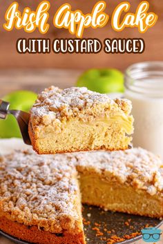 Cozy and delicious, Irish Apple Cake is a homemade crumbly cake loaded with tender apples, topped with a crumbly streusel and drizzled with a creamy vanilla sauce.