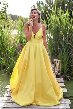 Yellow Ball Gown For Prom Season, Yellow Ball Gown For Party, Yellow Sleeveless Gown For Prom Season, Fitted Yellow Bridesmaid Evening Dress, Fitted Yellow Evening Dress For Bridesmaid, Yellow Satin Party Gown, Yellow Satin Gown For Party, Yellow Ball Gown For Evening, Yellow V-neck Party Gown