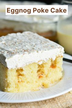 a piece of eggnog poke cake on a plate