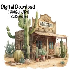 digital watercolor painting of an old western store with cactus and cacti in front