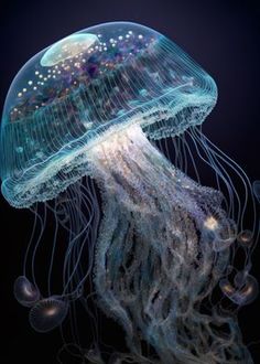 an image of a jellyfish in the dark water with bubbles on it's head