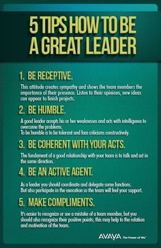 a green poster with the words 5 tips how to be a great leader on it